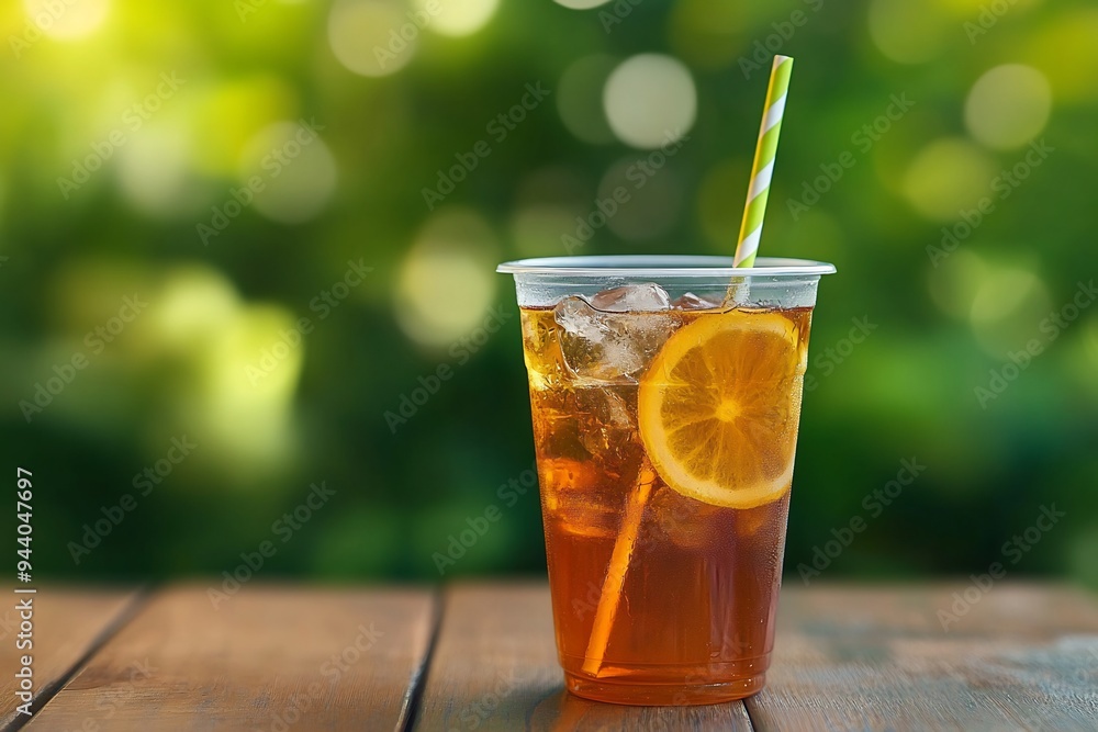 iced tea in a plastic cup with a straw on a wooden table against a green bokeh background iced tea in a plastic cup with a straw on a wooden table against a green bokeh background