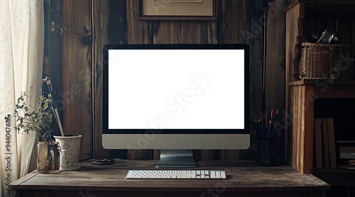 png, mockup, gray monitor on the table, transparent screen, office background photo