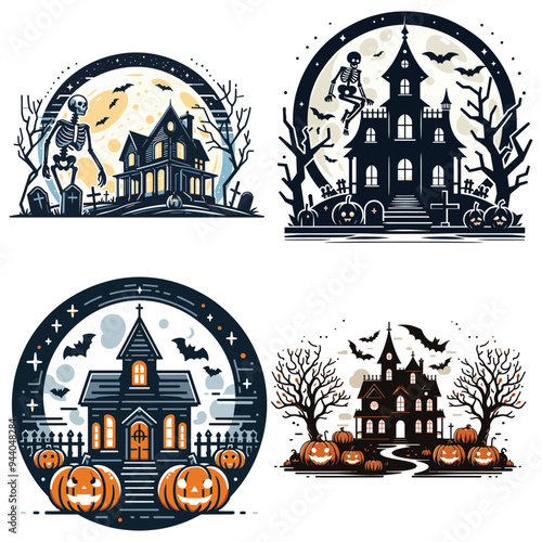 Spooky haunted houses with skeletons, bats, pumpkins, night background, Halloween illustrations