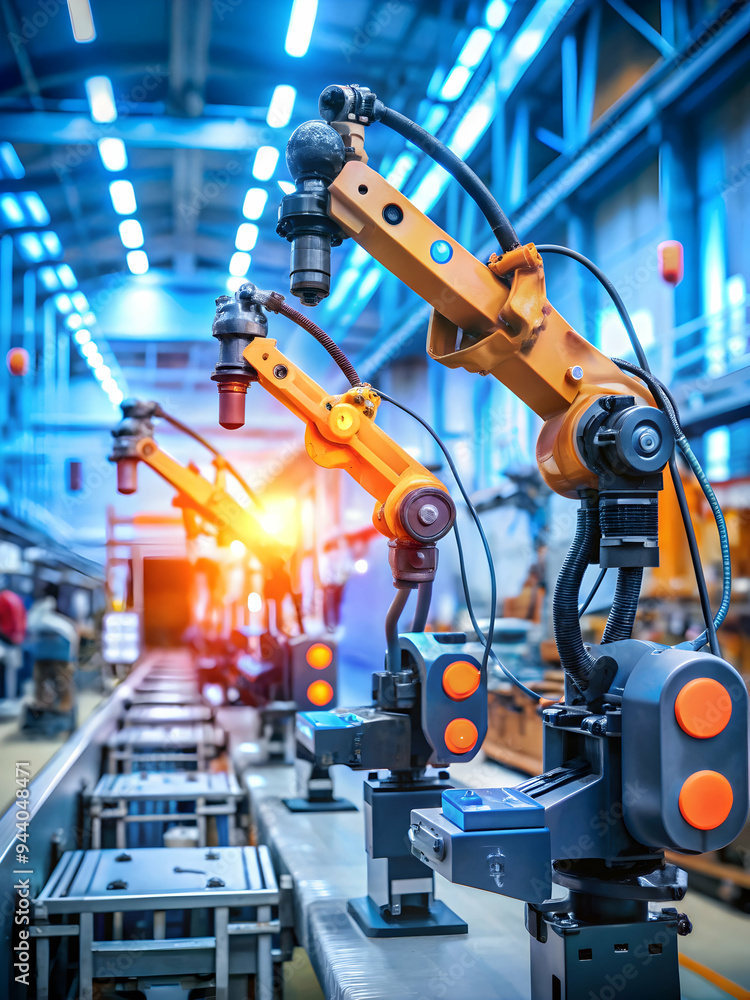 Automated Precision: Robotic arms ablaze with sparks, working in unison on a futuristic assembly line, showcasing the future of manufacturing. Automated Precision: Robotic arms ablaze with sparks, working in unison on a futuristic assembly line, showcasing the future of manufacturing.