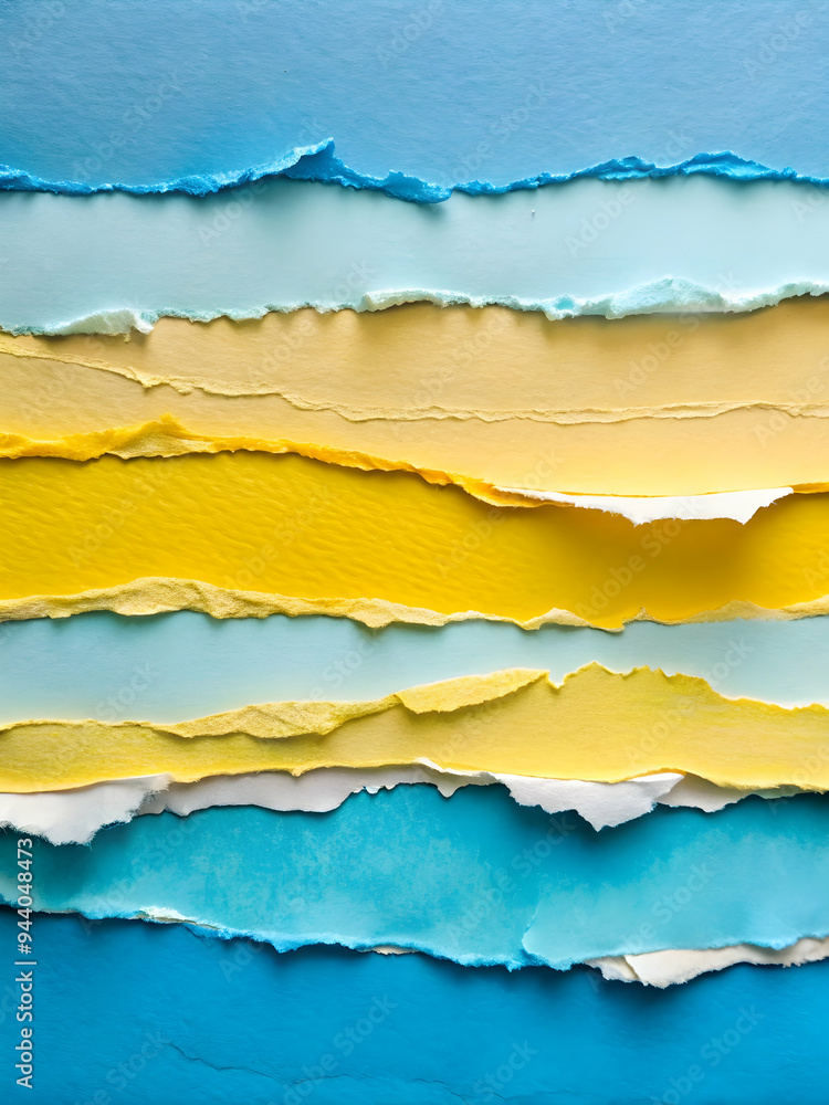 Fototapeta premium Torn Paper Tapestry: A vibrant collage of blue, yellow, and white torn paper strips, forming a textured abstract background with copy space. 