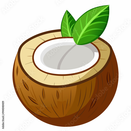 A Half Coconut with Green Leaves on Top