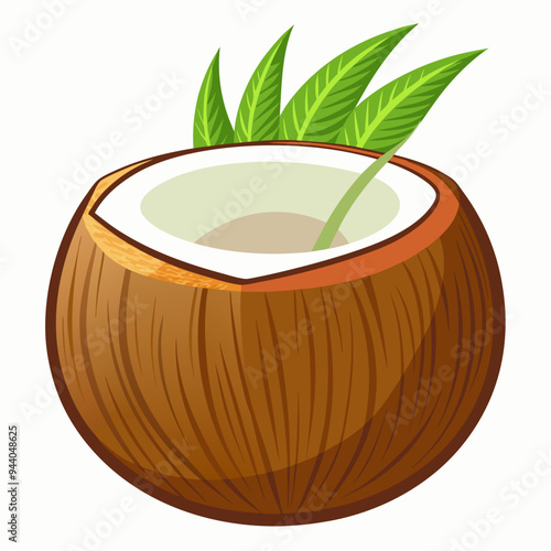 Open Coconut with Milk and Green Leaves