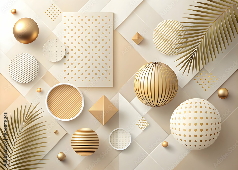 Fototapeta premium Golden Elegance: A sophisticated 3D render of golden palm leaves and spheres, exuding luxury and refinement on a minimalist backdrop.