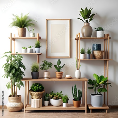 Free Photo Scandinavian room interior with mock up photo frame on the brown bamboo shelf with beautiful plants in differents hipster and design pots generative ai photo