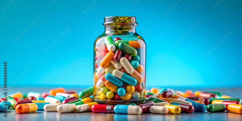 Pill Bottle Spill A Colorful Array of Capsules Scattered on a Blue Background Pill Bottle Spill A Colorful Array of Capsules Scattered on a Blue Background