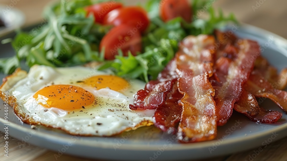 Closeup of a hearty breakfast plate with bacon, perfectly cooked eggs, and a fresh salad, vivid colors, detailed and appetizing, eyelevel perspective Closeup of a hearty breakfast plate with bacon, perfectly cooked eggs, and a fresh salad, vivid colors, detailed and appetizing, eyelevel perspective