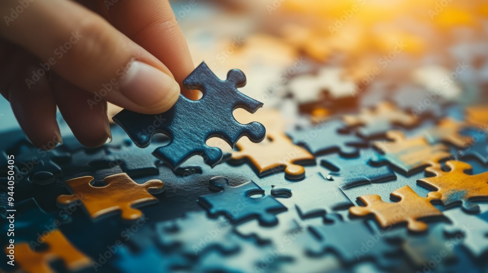A hand holds a blue puzzle piece over a partly completed puzzle. A hand holds a blue puzzle piece over a partly completed puzzle.