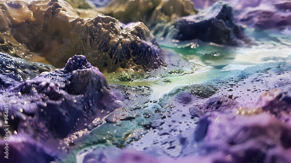 Fototapeta premium An hour in an open terrain with green and blue sand on a purple stone