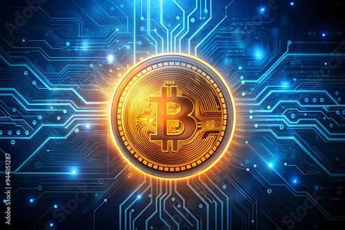 Bitcoin's Digital Dominion: A gleaming Bitcoin coin takes center stage, encased within a futuristic circuit board, symbolizing the cryptocurrency's dominance in the digital realm. 