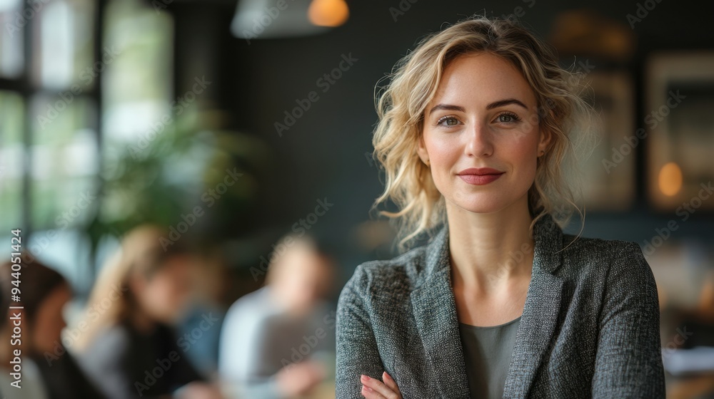 Fototapeta premium corporate leadership, a high-achieving businesswoman leading a strategic discussion with coworkers at a conference in an office, focused on leadership and teamwork