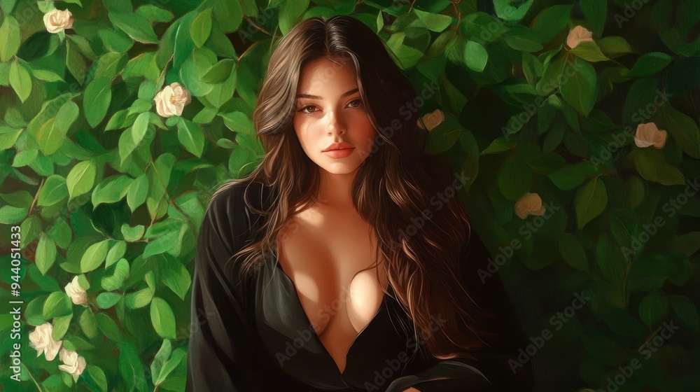 Painting a captivating portrait of a model surrounded by lush greenery, exuding confidence and natural beauty. Painting a captivating portrait of a model surrounded by lush greenery, exuding confidence and natural beauty.