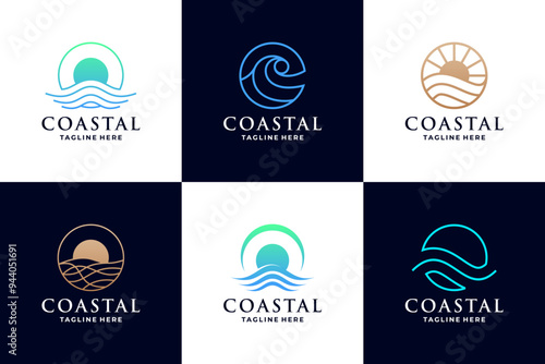 Set of coastal logo design. Beach, wave line art design
