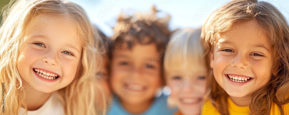 A joyful group of children smiling together outdoors, showcasing friendship and happiness in a bright, sunny setting. A joyful group of children smiling together outdoors, showcasing friendship and happiness in a bright, sunny setting.