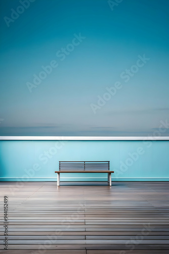 Serene Bench by the Sea: A minimalist image capturing a wooden bench against a backdrop of calming turquoise waters and a blue sky, evoking a sense of tranquility and solitude. 