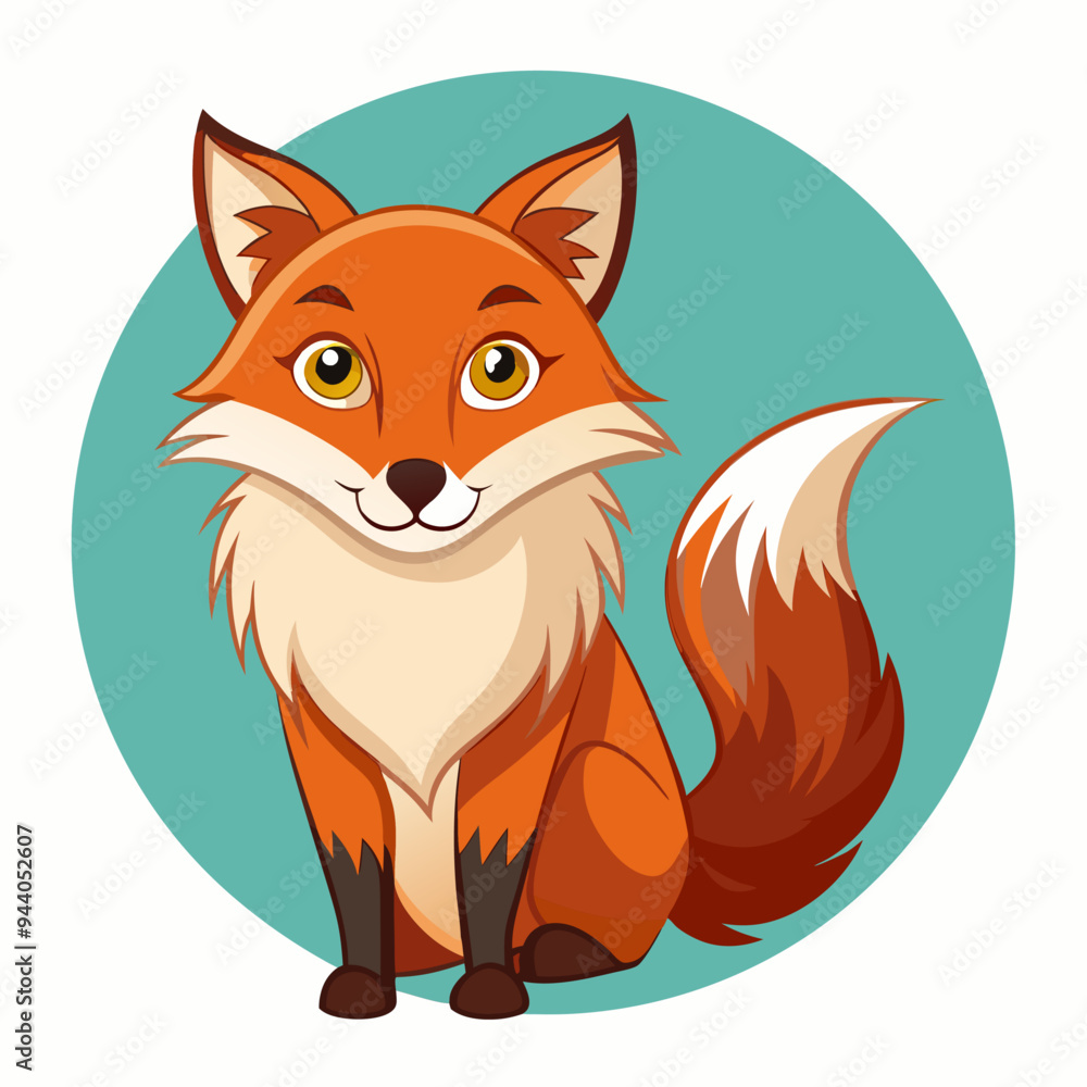 Cartoon Red Fox with White Tip Tail Sitting on Teal Circle Cartoon Red Fox with White Tip Tail Sitting on Teal Circle