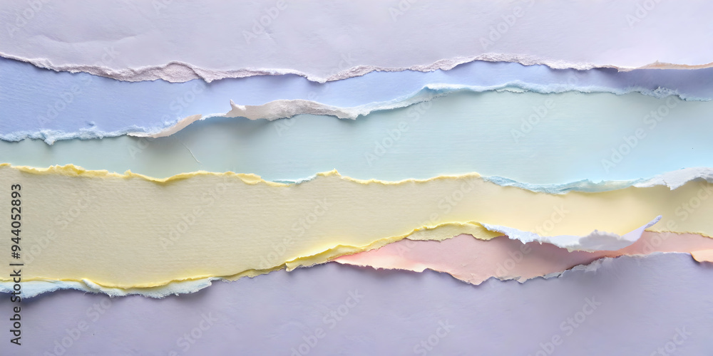 Naklejka premium Torn Paper Texture: Pastel Stripes: A captivating abstract background of ripped paper in pastel hues, showcasing a unique layered texture with a soft and delicate feel. 