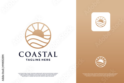 Coastal sun wave logo design line art style