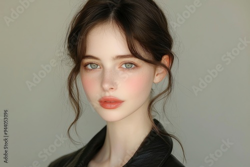 Young Woman with Soft Makeup and Green Eyes