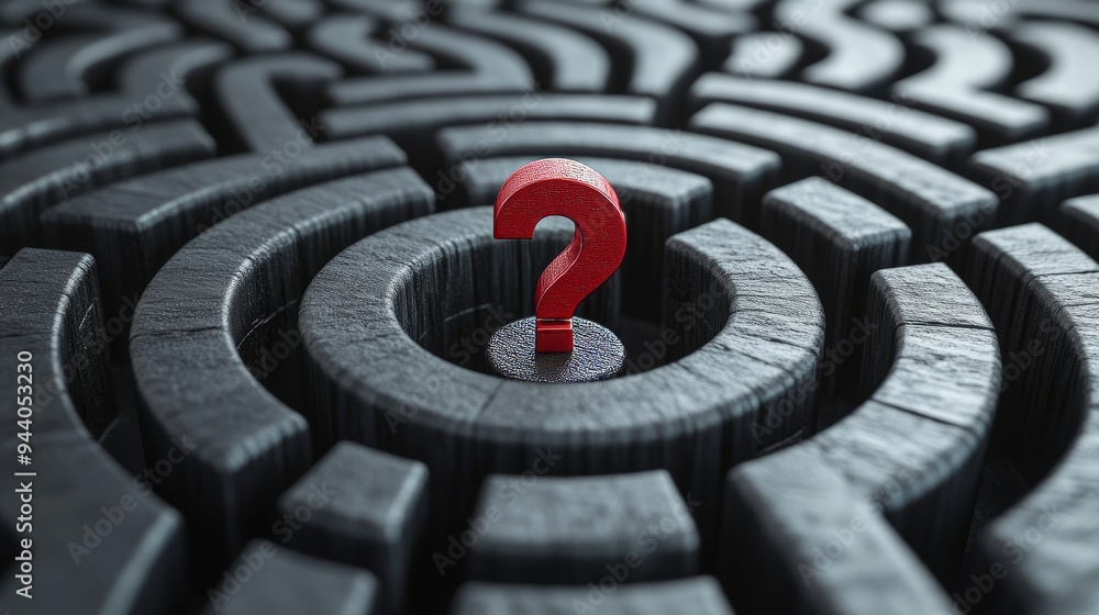 A maze with a red question mark in the center A maze with a red question mark in the center