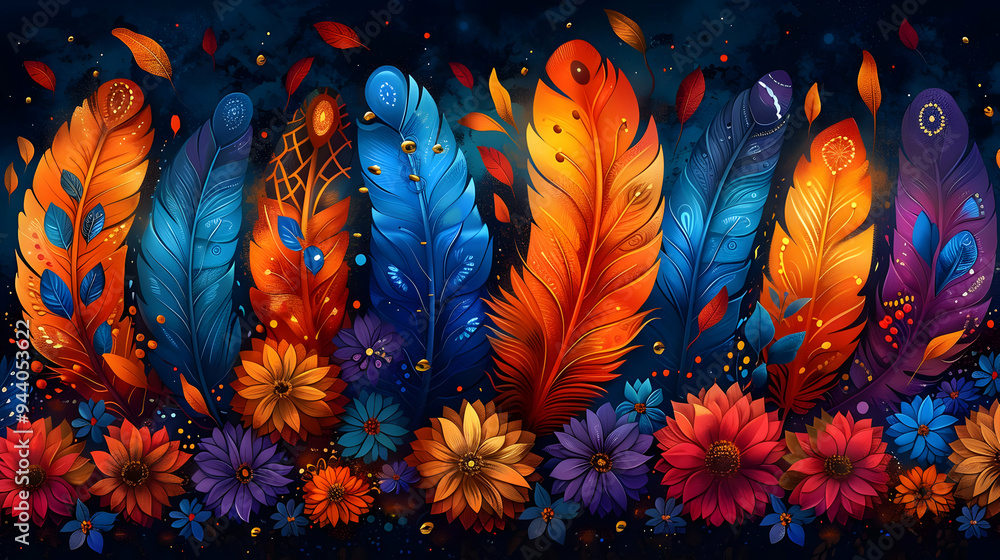 Vibrant Feathers and Flowers Illustration Vibrant Feathers and Flowers Illustration