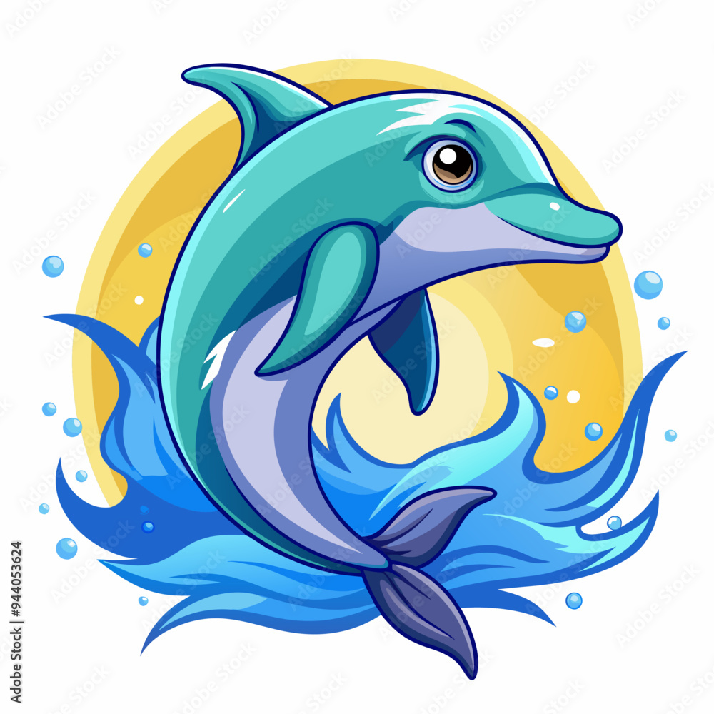 Fototapeta premium Cartoon Dolphin Leaping Through Blue Water Waves