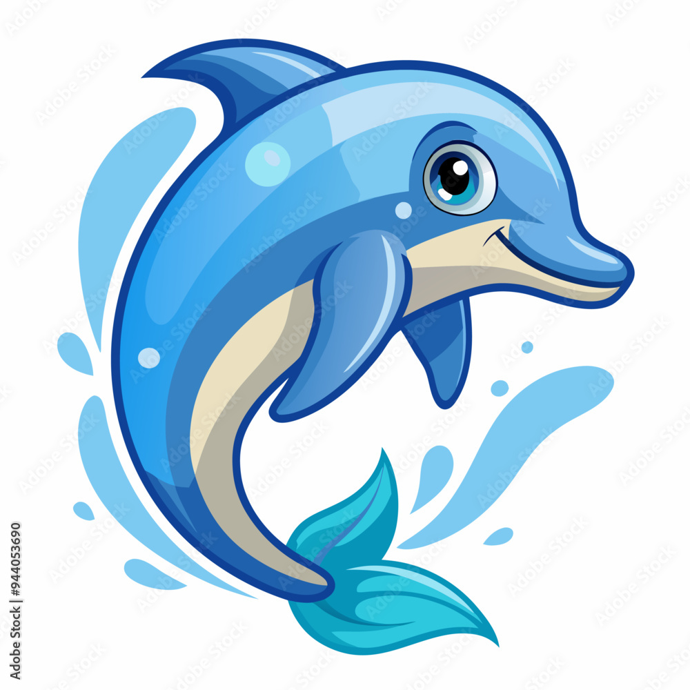 Fototapeta premium Cartoon Blue Dolphin Leaping Through Water