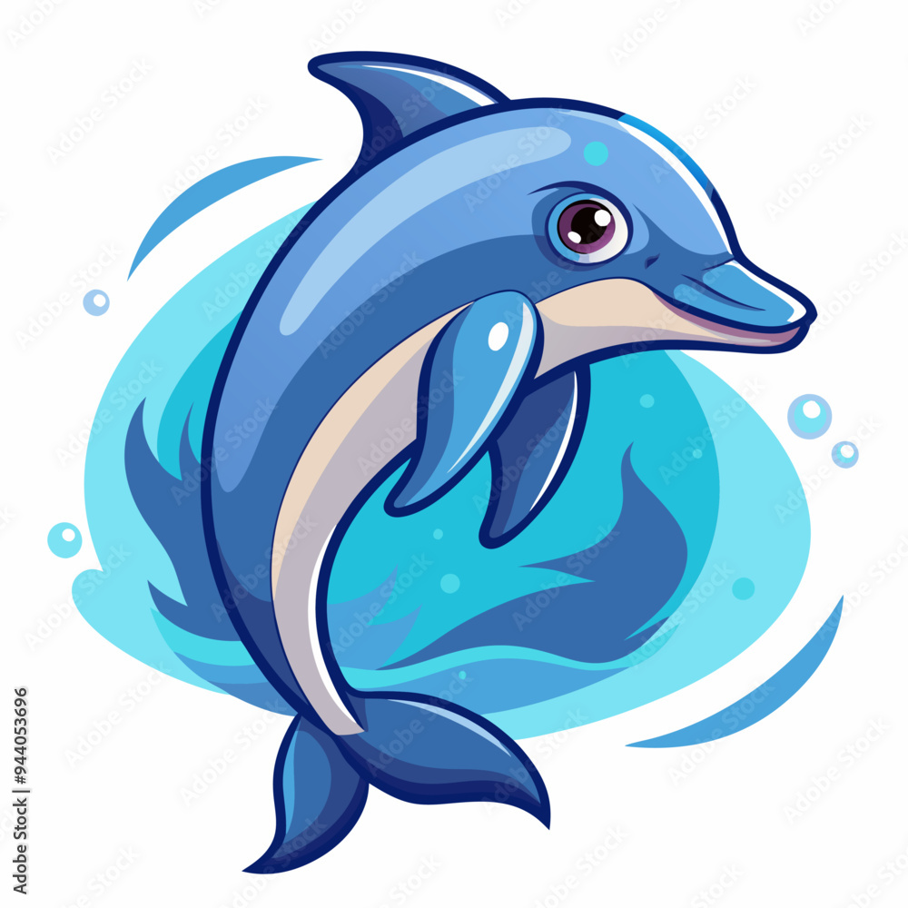 Fototapeta premium Cartoon Blue Dolphin Leaping Out of the Water