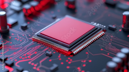 High-resolution image of a computer chip on a circuit board with vibrant red accents and intricate connections.
