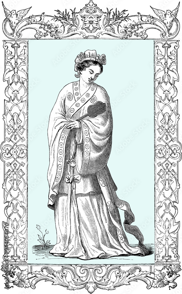 Fototapeta premium frame with japanese lady in kimono vintage illustration
