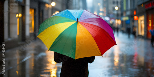 Wallpaper Mural Colorful Umbrella in the Rain on a City Street, with Lights Reflecting on Wet Pavement Torontodigital.ca