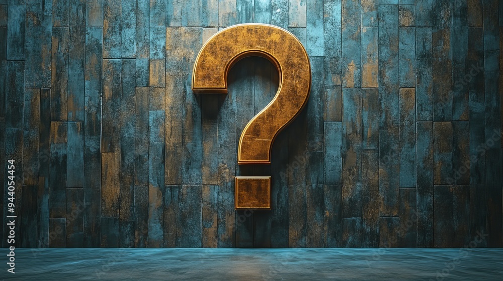 A gold question mark is on a wall A gold question mark is on a wall