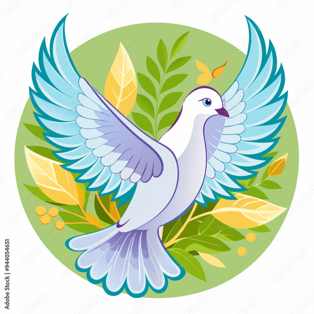 Fototapeta premium White Dove of Peace with Spread Wings in a Circle of Green and Yellow Leaves