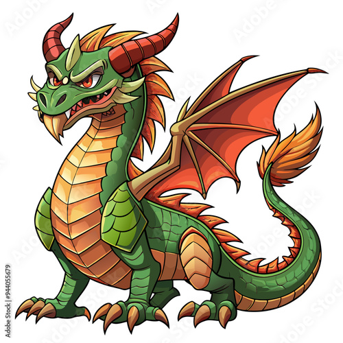 Green Dragon with Orange Spikes, Red Horns, and Spreads Wings