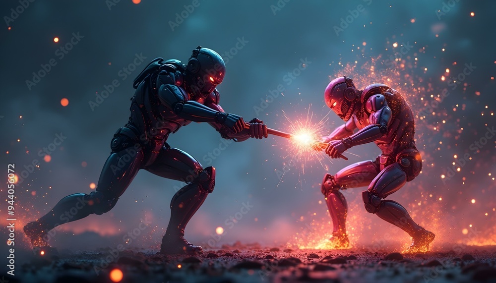 Two muscular superheroes in combat, one wearing a black and red suit with glowing red eyes, the other wearing a red and gold suit, both surrounded by energy effects and sparks Two muscular superheroes in combat, one wearing a black and red suit with glowing red eyes, the other wearing a red and gold suit, both surrounded by energy effects and sparks