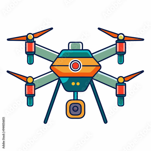 Cartoon illustration of a drone with four propellers, a camera, and landing gear.