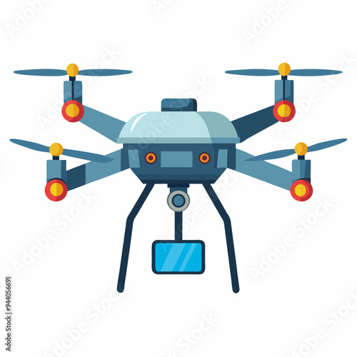 Gray Drone with Four Propellers, Camera, and Landing Gear