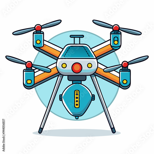 Cartoon illustration of a blue and orange drone with four propellers
