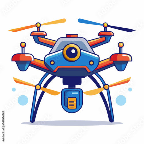 Cartoon Illustration of a Blue and Red Drone with Orange Propellers