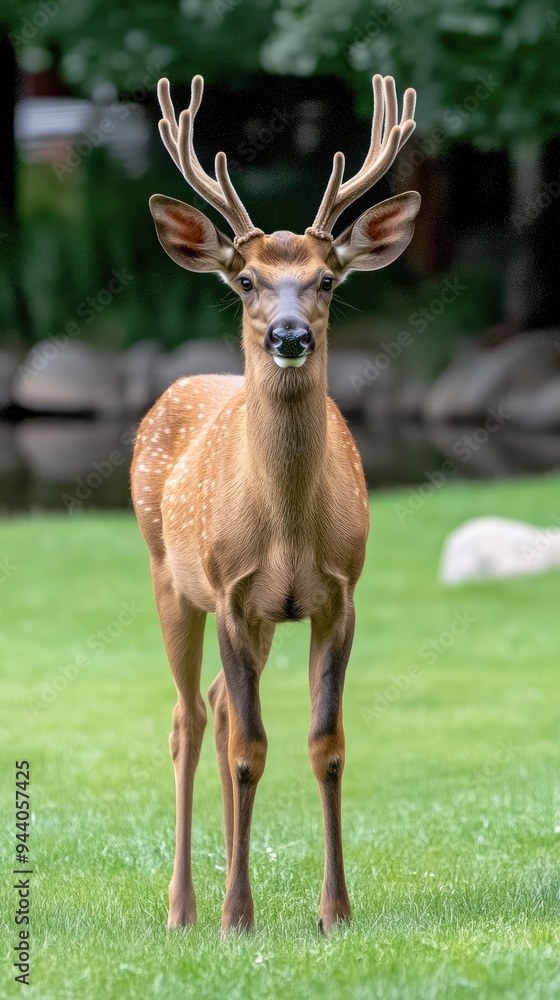 A magnificent elk stands in lush green meadows near a river, leisurely grazing on grass with trees surrounding the tranquil landscape A magnificent elk stands in lush green meadows near a river, leisurely grazing on grass with trees surrounding the tranquil landscape