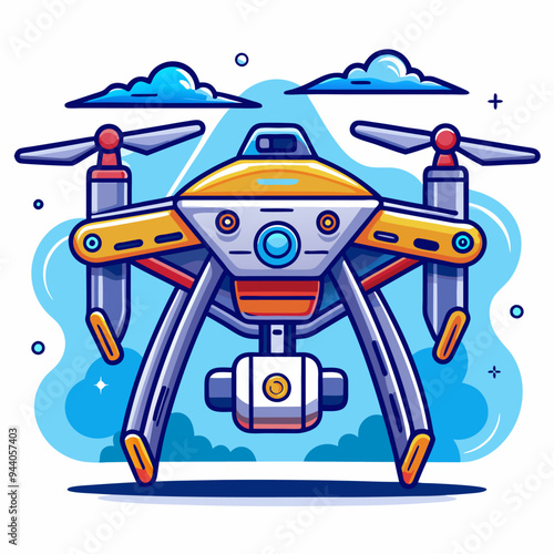Cartoon Drone with Four Propellers Flying Above Clouds
