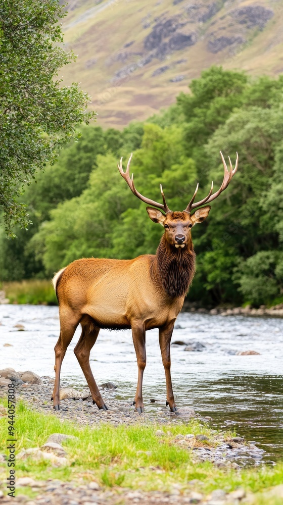 A magnificent elk stands in lush green meadows near a river, leisurely grazing on grass with trees surrounding the tranquil landscape A magnificent elk stands in lush green meadows near a river, leisurely grazing on grass with trees surrounding the tranquil landscape