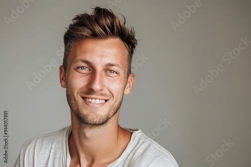 Smiling young man with neatly styled short hair in a casual t-shirt