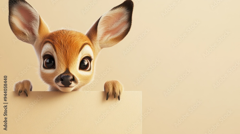 Obraz premium text space for advertising with funny part as portrait of a cute bambi peeking over a colored panal