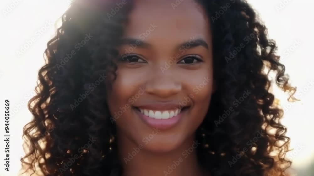 A joyful woman smiling in sunlight, showcasing beauty and warmth in an outdoor portrait setting A joyful woman smiling in sunlight, showcasing beauty and warmth in an outdoor portrait setting