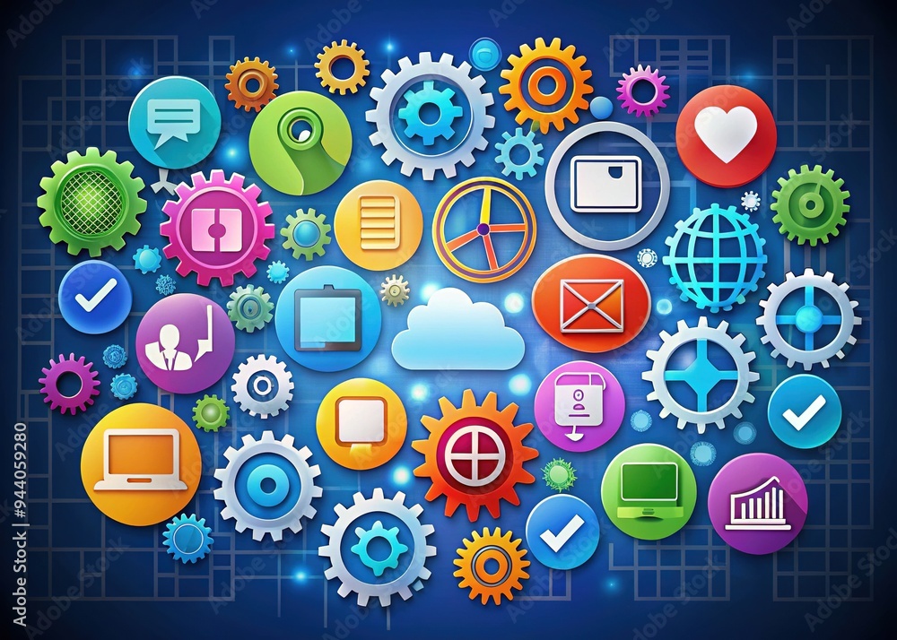 Colorful digital icons of various online tools and computer applications, including gears, charts, and speech bubbles, arranged in a modern and stylish composition. Colorful digital icons of various online tools and computer applications, including gears, charts, and speech bubbles, arranged in a modern and stylish composition.