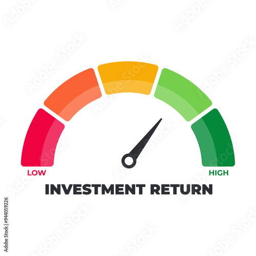 Investment return, Return on investment, ROI Level Meter, measuring scale, speedometer, indicator. Low to High, From red to green level, Meter, Vector stock illustration