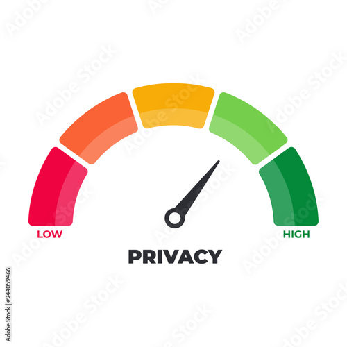 Privacy meter level of website, password strength. Color scale with indicator. The measuring device icon. Colorful infographic gauge element. Speedometer, label, level, icon, gauge, meter, red green