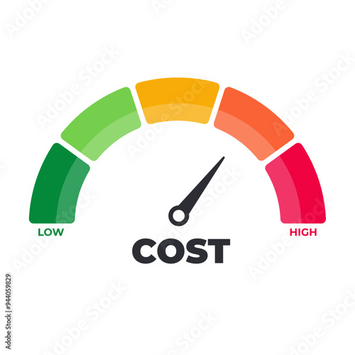 Cost reduction Level Meter, measuring scale. Cost reduction Level speedometer indicator. Price management. Cost reduction, cost cutting and efficiency concept. Vector illustration