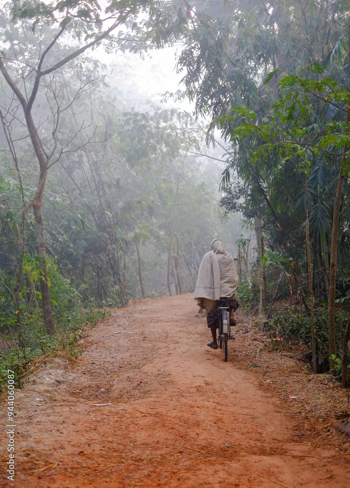Person riding on a bicycle in a forest road in a winter morning Person riding on a bicycle in a forest road in a winter morning